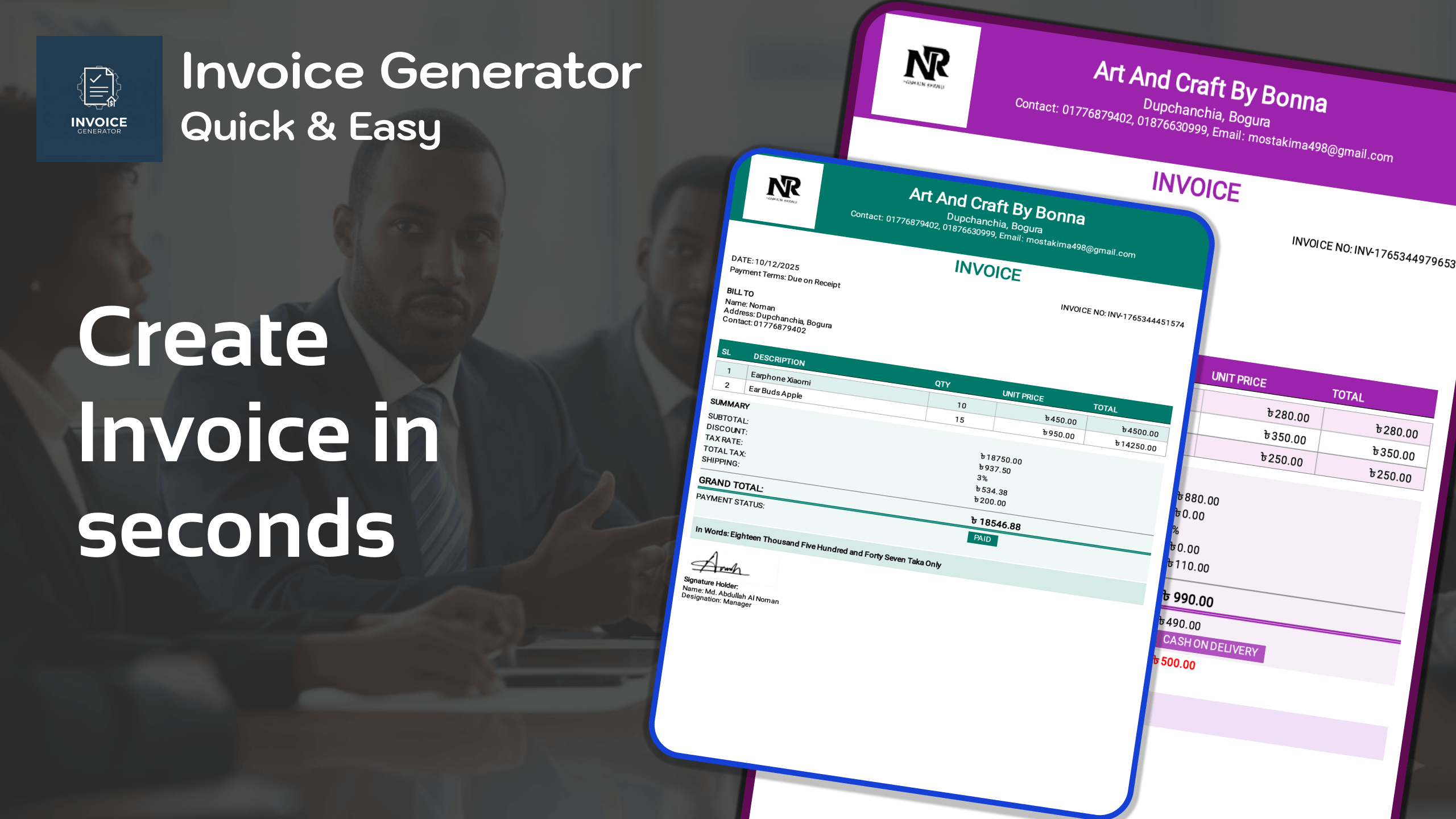 Invoice Generator marketing image with finished invoices and the line Create Invoice in seconds